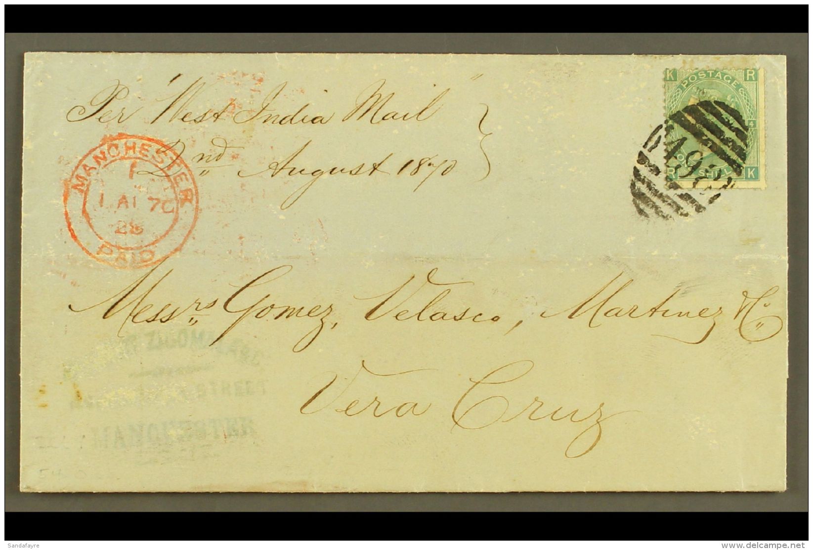 1870 (August) Entire To VERA CRUZ (Mexico), Bearing 1s Green Plate 4, SG117,  Tied Manchester "498", Red... - Other & Unclassified