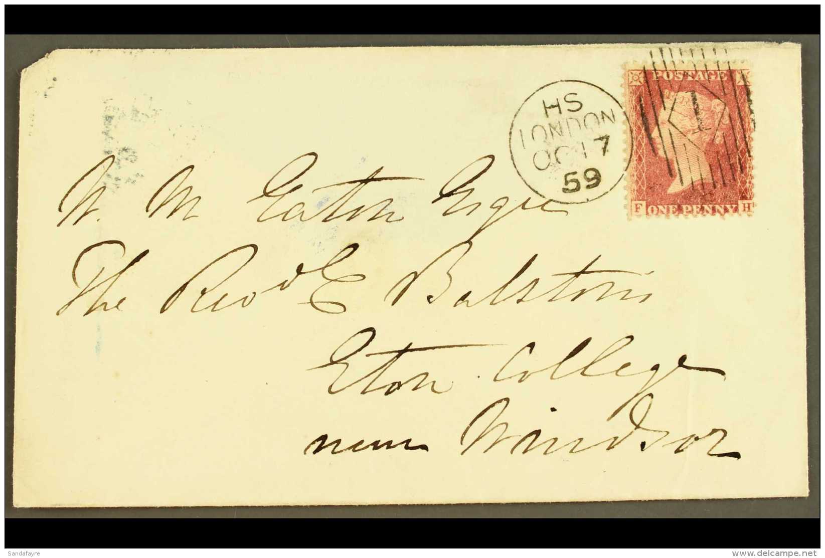 1859 CHARLES RIDEOUT MACHINE CANCEL (Oct) Envelope (flap Missing) To Eton College, With 1d Red Tied Code HS... - Other & Unclassified