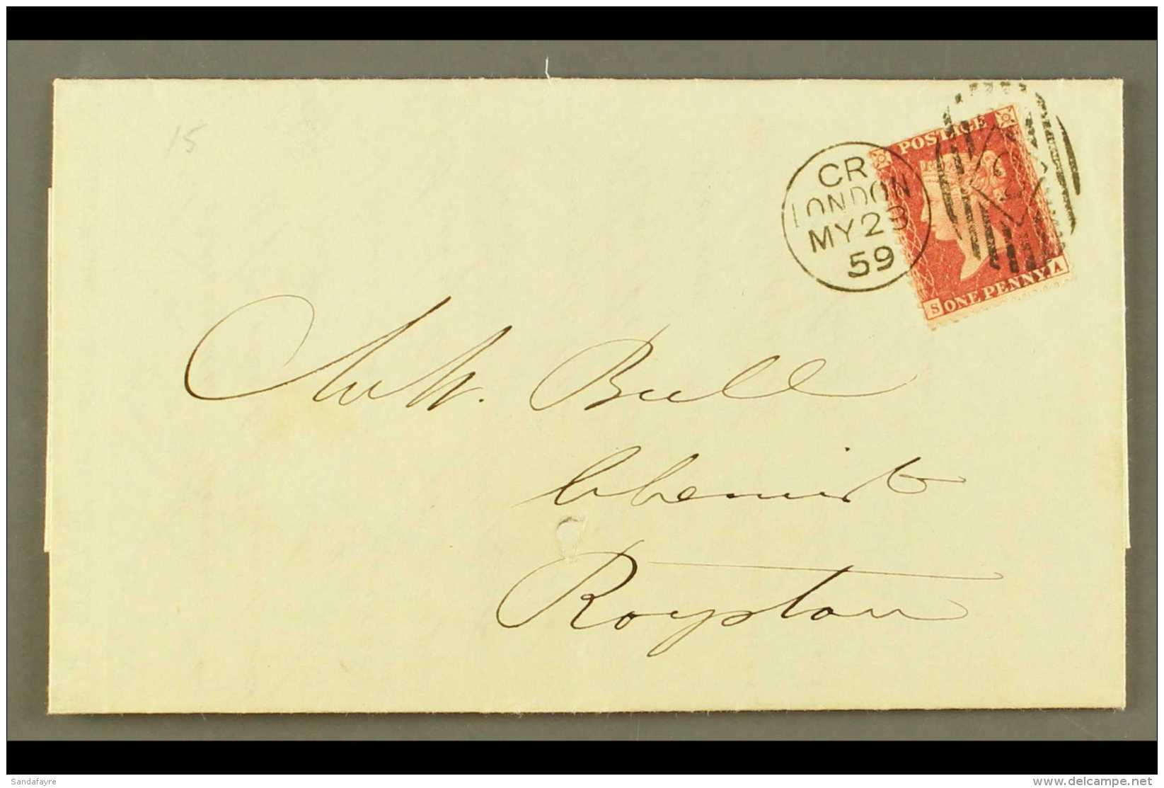 1859 CHARLES RIDEOUT MACHINE CANCEL (May) Neat Entire To Royston, With 1d Red Tied Fine  Code CR Machine 2 Cancel.... - Autres & Non Classés