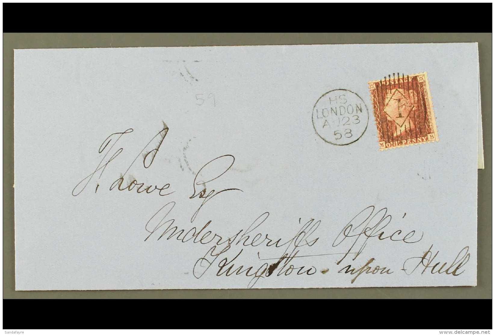 1858 CHARLES RIDEOUT MACHINE CANCEL (Aug) Neat Entire To Hull, With 1d Red Tied Fine Code HS Machine 1 Cancel. For... - Autres & Non Classés