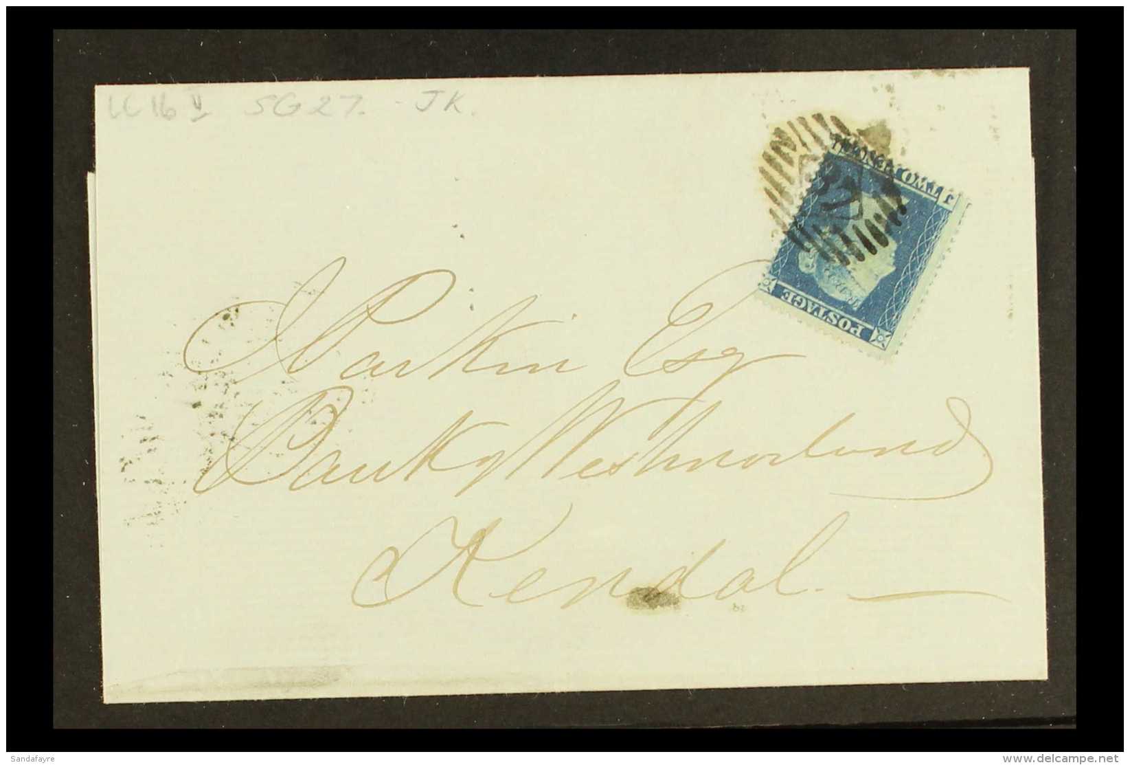 1855 2d Blue, Plate 5 "J E" Wmk Large Crown, Perf.16 Used On An Entire, October 1855 London To Kendal, SG 27, Tied... - Autres & Non Classés