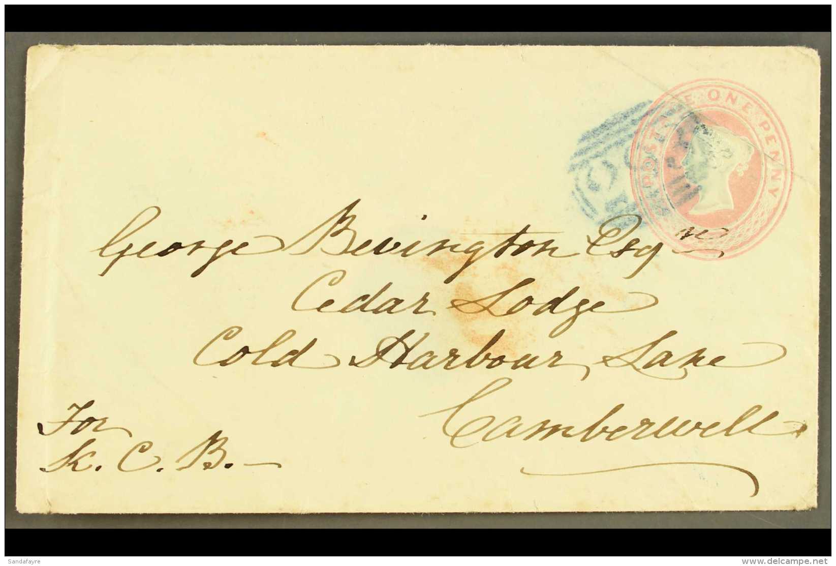 1851 (2 Mar) 1d Postal Stationery Envelope From Farringdon To Camberwell, With "293" (FARRINGDON) Cancel In BLUE.... - Autres & Non Classés