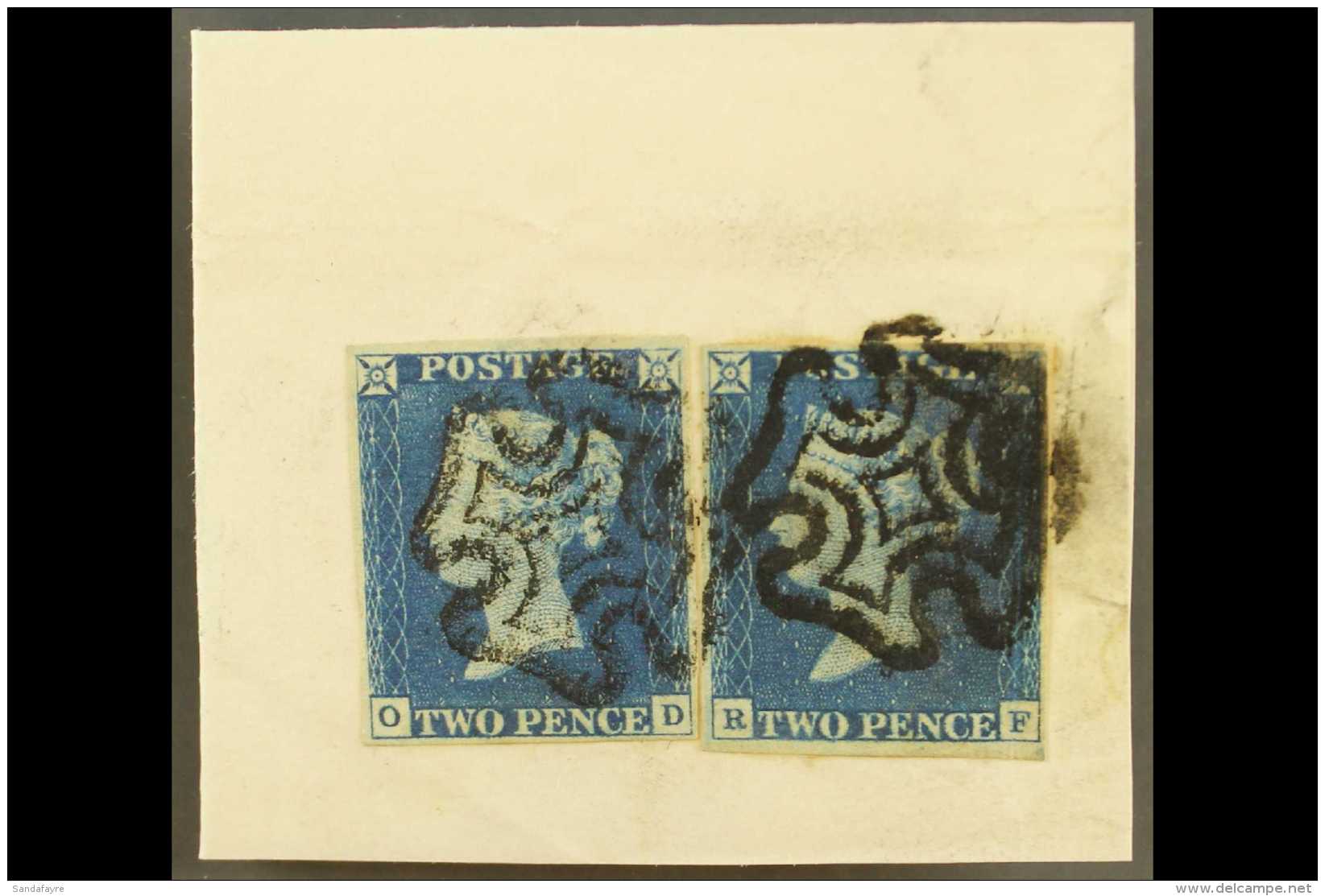 1840 2D BLUES - PLATES 1 &amp; 2 COMBINATION. 1840 2d Bright Blue 'OD' Plate 1 &amp; 1840 2d Blue 'RF' Plate 2,... - Andere & Zonder Classificatie