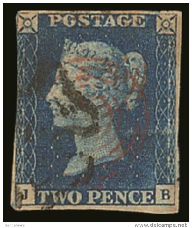 1840 2d Blue 'JB' Plate 2, Used With Black MC Pmk And BRIGHT RED 7- CONCENTRIC RINGS HANDSTAMP Applied Over The... - Autres & Non Classés