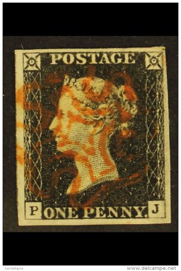 1840 1d Black, SG 2, Plate IA, Four Clear Margins, Check Letters "P - J", Very Fine Used With Lightly Applied Red... - Unclassified