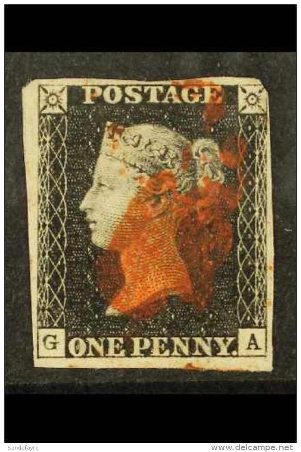 1840 1d Black 'GA' Plate 6, SG 2, Used With 4 Margins Into At Top Right Corner, Indistinct Red MC Pmk Leaves... - Unclassified