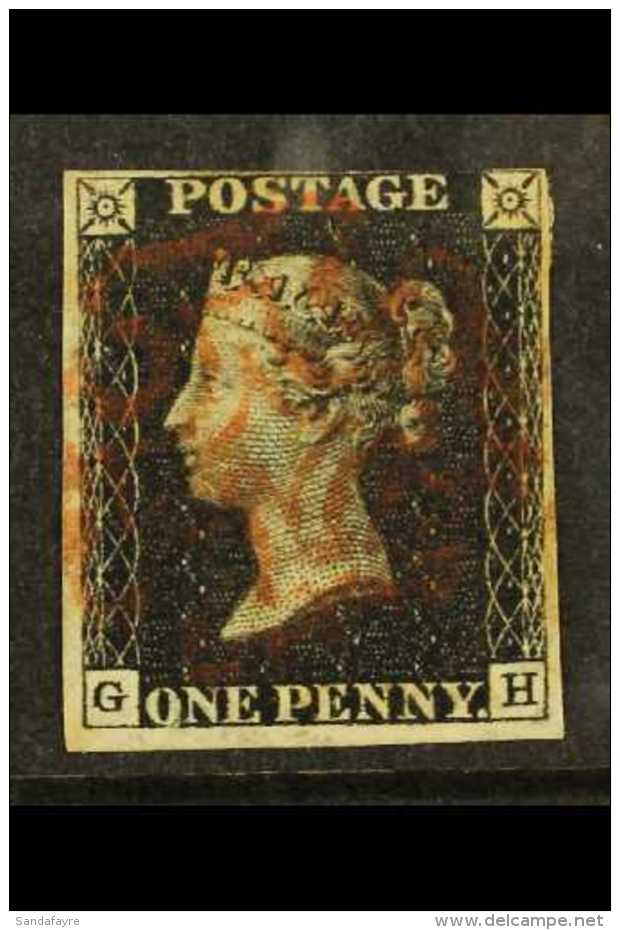 1840 1d Black 'GH' Plate 8, SG 2, Fine Used With 3 Margins &amp; Near- Complete Light Red MC Pmk. For More Images,... - Non Classés