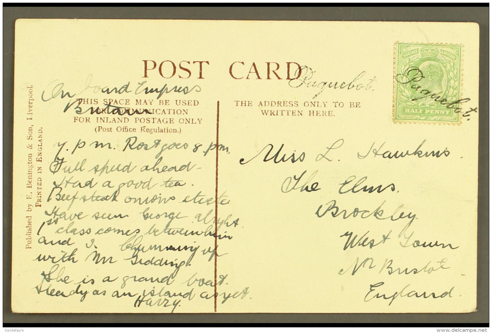 S.S. EMPRESS OF BRITAIN - WRITTEN ON BOARD WITH FINE HALIFAX PAQUEBOT Picture Postcard Of Liverpool Addressed To... - Other & Unclassified