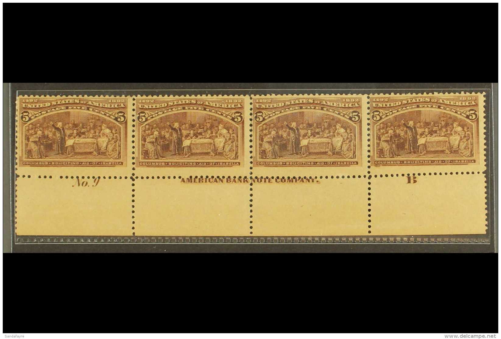 1893 5c Chocolate, "Columbus Soliciting Aid", Sc 234, Fine NHM Bottom Plate Number Marginal Strip Of 4 With ABN... - Other & Unclassified