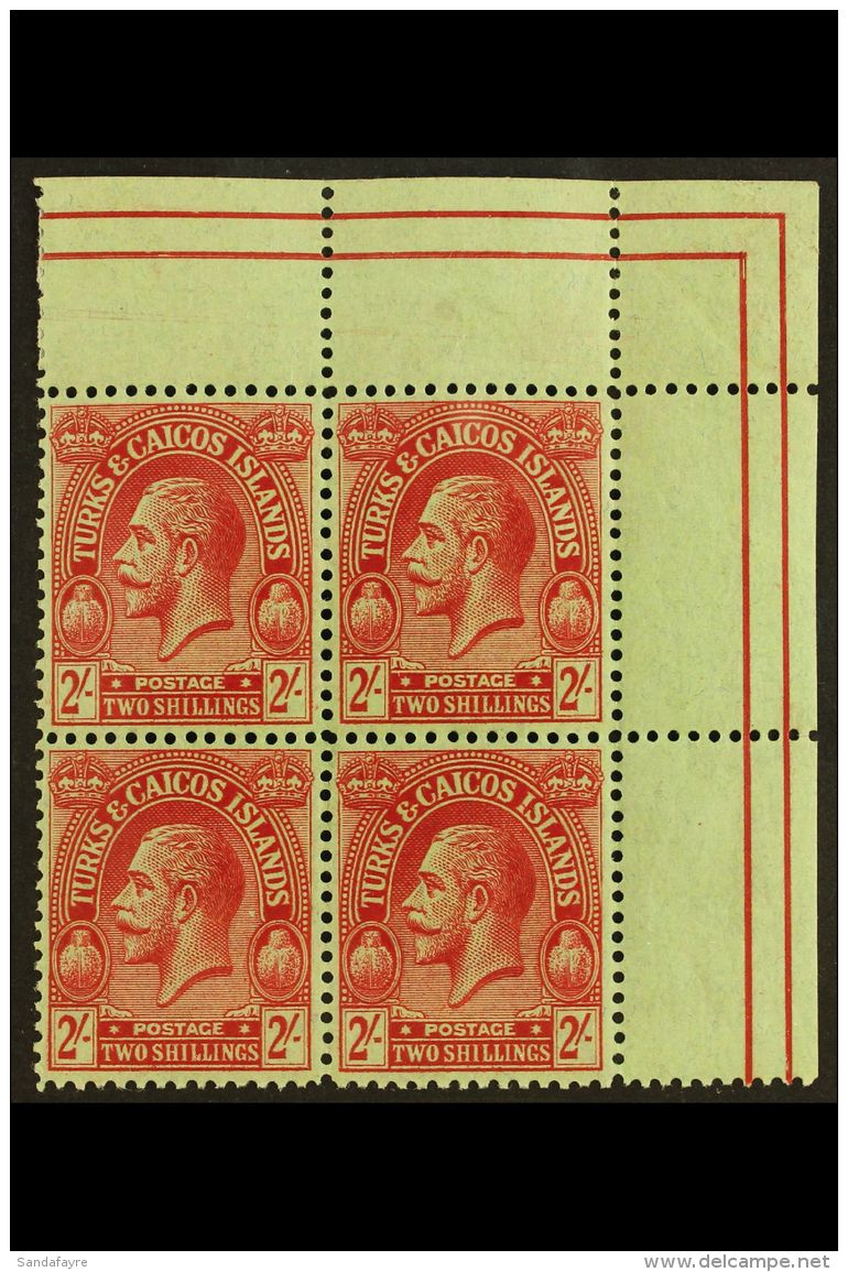 1922-26 2s Red On Emerald Wmk MCA, SG 174, Superb Never Hinged Mint Top Right Corner BLOCK Of 4, Very Fresh. (4... - Turks And Caicos