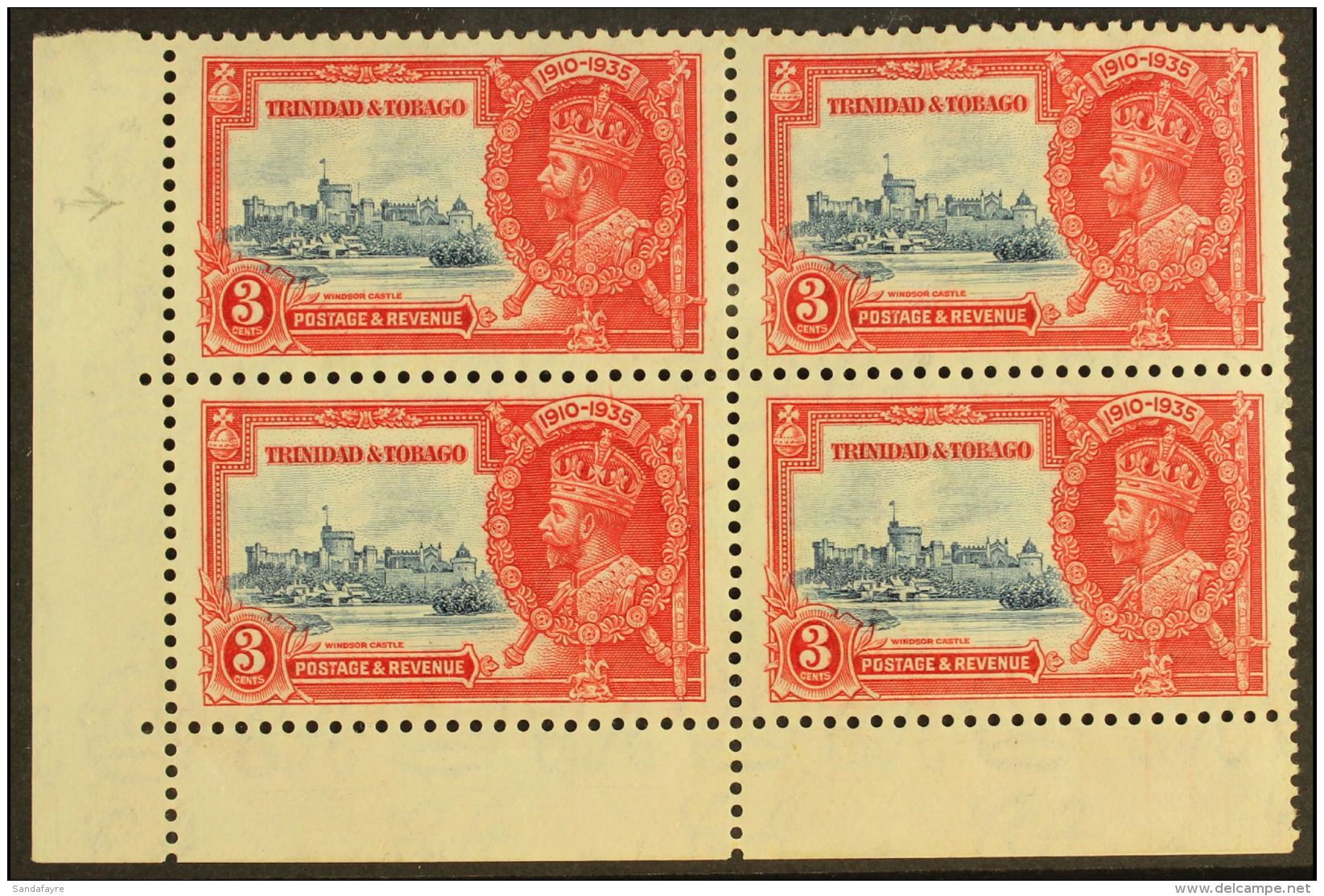 1935 3c Deep Blue And Scarlet Silver Jubilee, Corner Block Of 4, One Showing Variety "Extra Flagstaff", SG 240a... - Trinité & Tobago (...-1961)