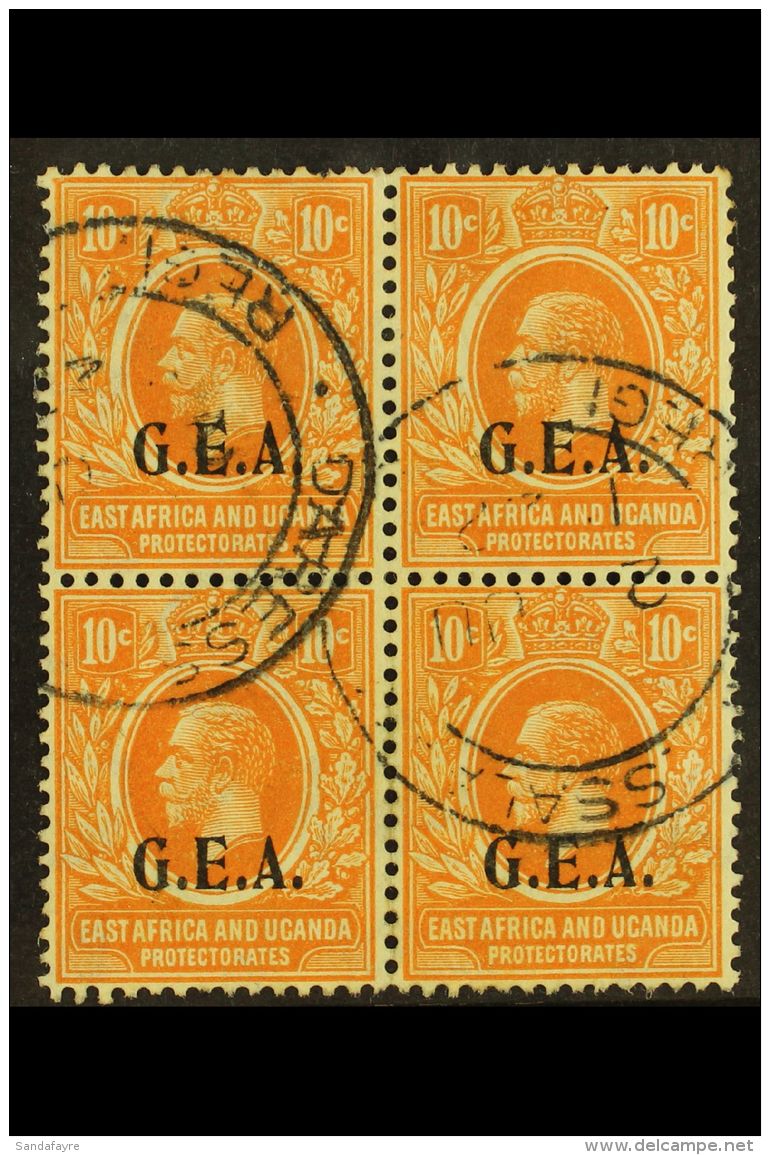 1922 10c Orange "G.E.A." Overprint, SG 73, Used BLOCK Of 4 Cancelled By Two "Daressalam" Cds's, Fresh. (4 Stamps)... - Tanganyika (...-1932)