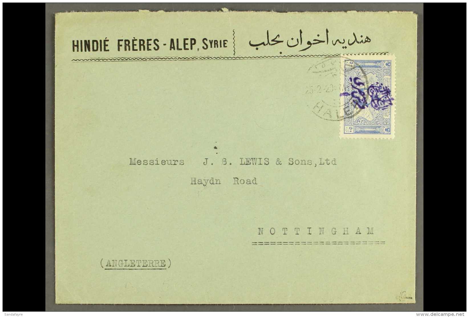 ARAB KINGDOM 1920 Attractive Commercial Cover To England Bearing 1920 1pi On 50pa Arab Kingdom Handstamp (SG K78)... - Syrie