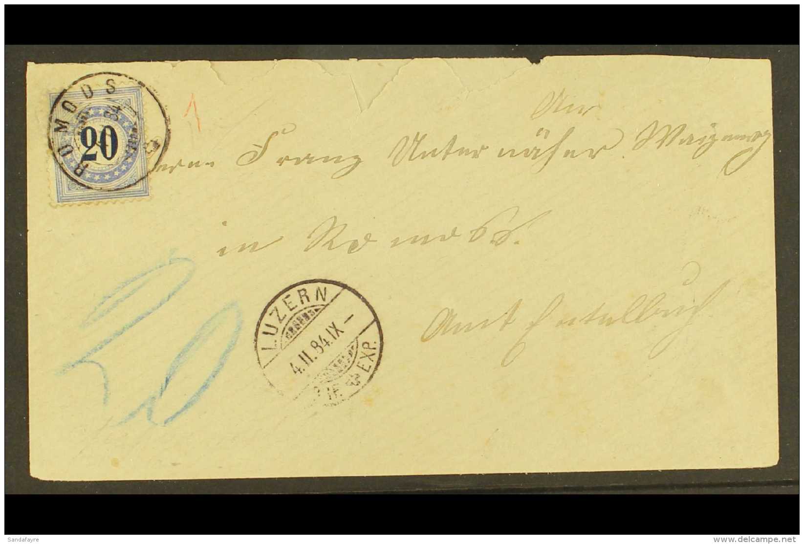 1884 (4 Nov) Cover (roughly Opened) Bearing 20c Blue On Granite Paper With Type II Frame Inverted (Zumstein And... - Andere & Zonder Classificatie