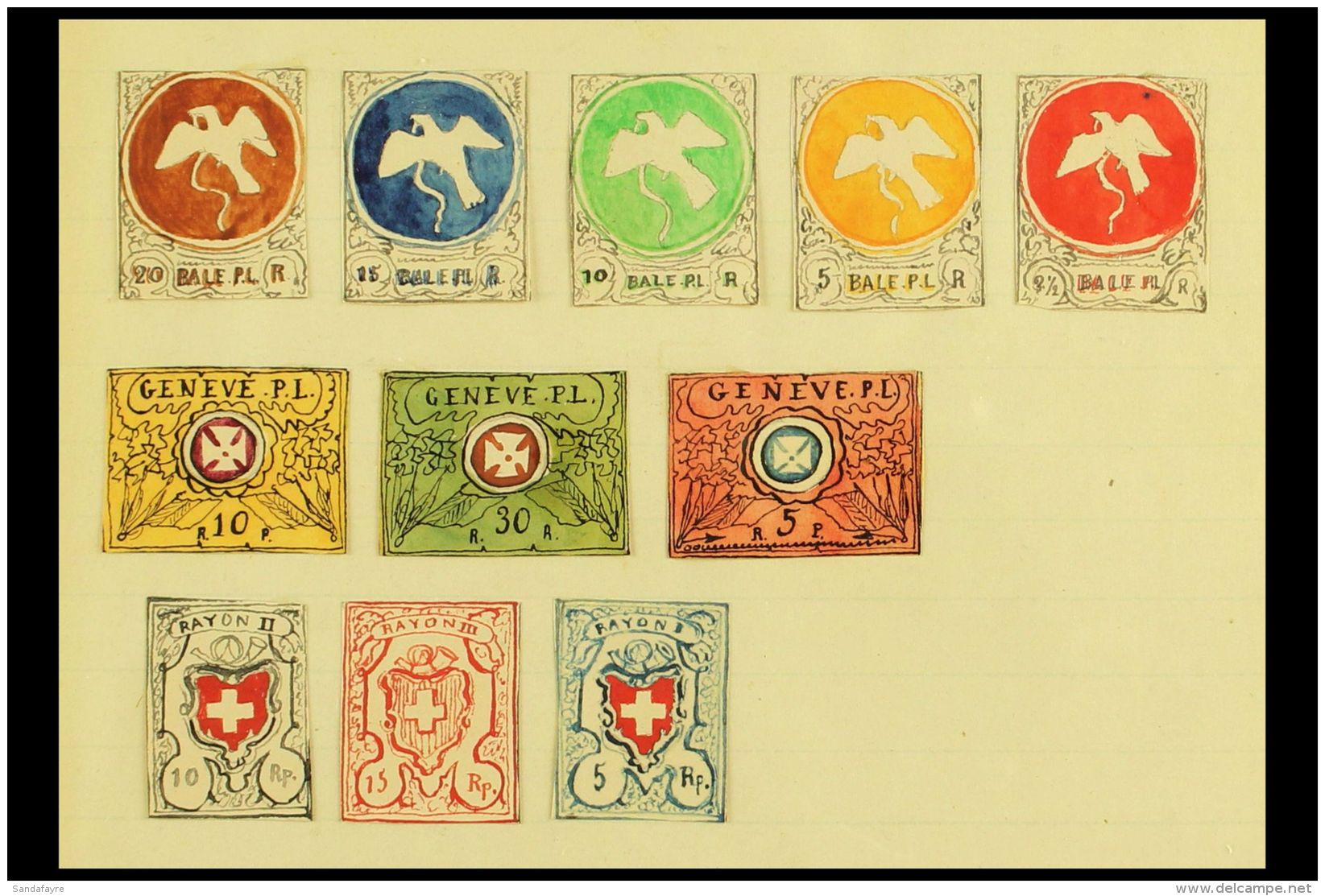 1861 HAND PAINTED STAMPS Unique Miniature Artworks Created By A French "Timbrophile" In 1861. A Colourful Group... - Other & Unclassified