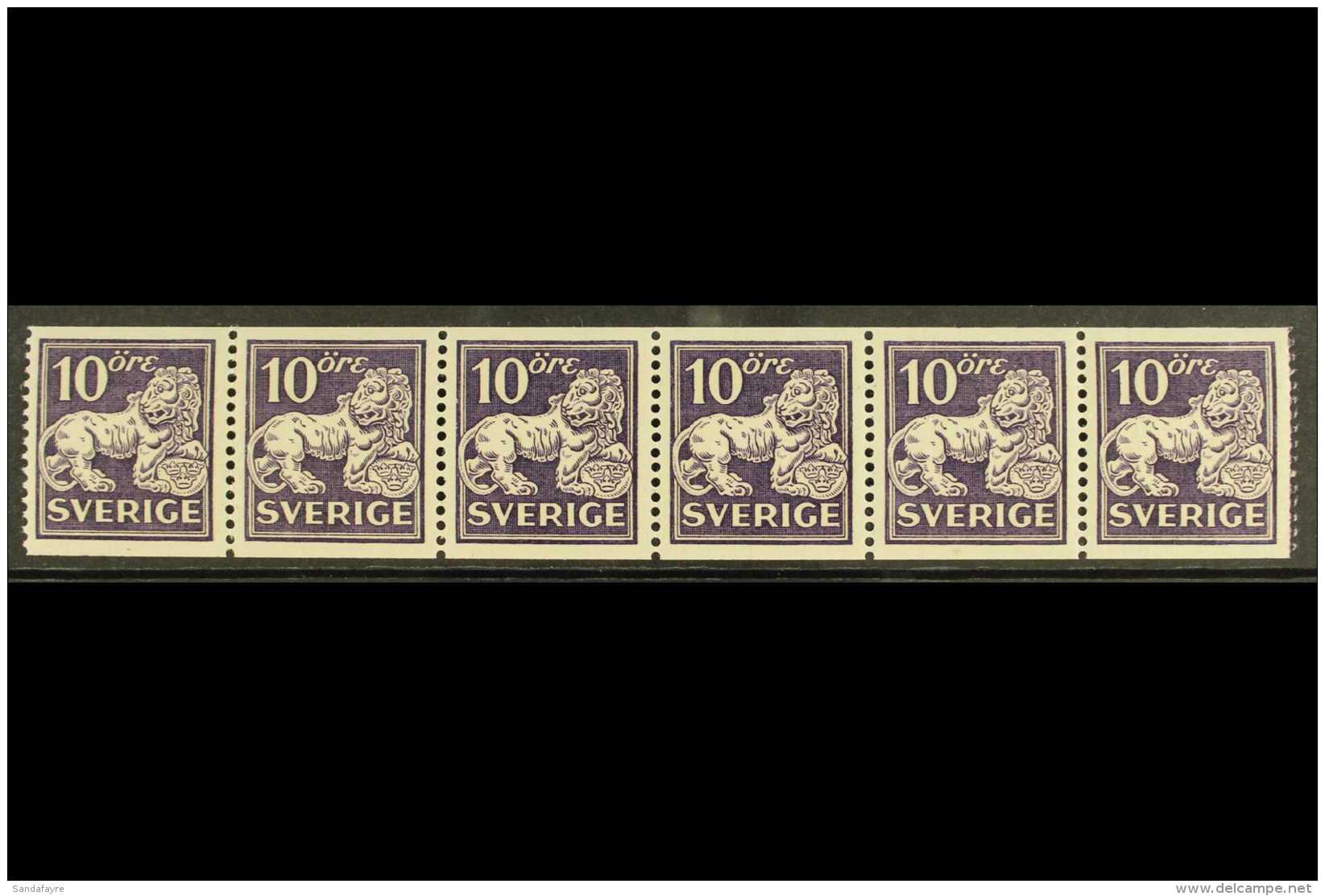 1934-36 10 Ore Violet Lion Type II, Imperf X Perf 13, White Paper, Facit 146 Ea, Never Hinged Mint COIL STRIP Of... - Autres & Non Classés