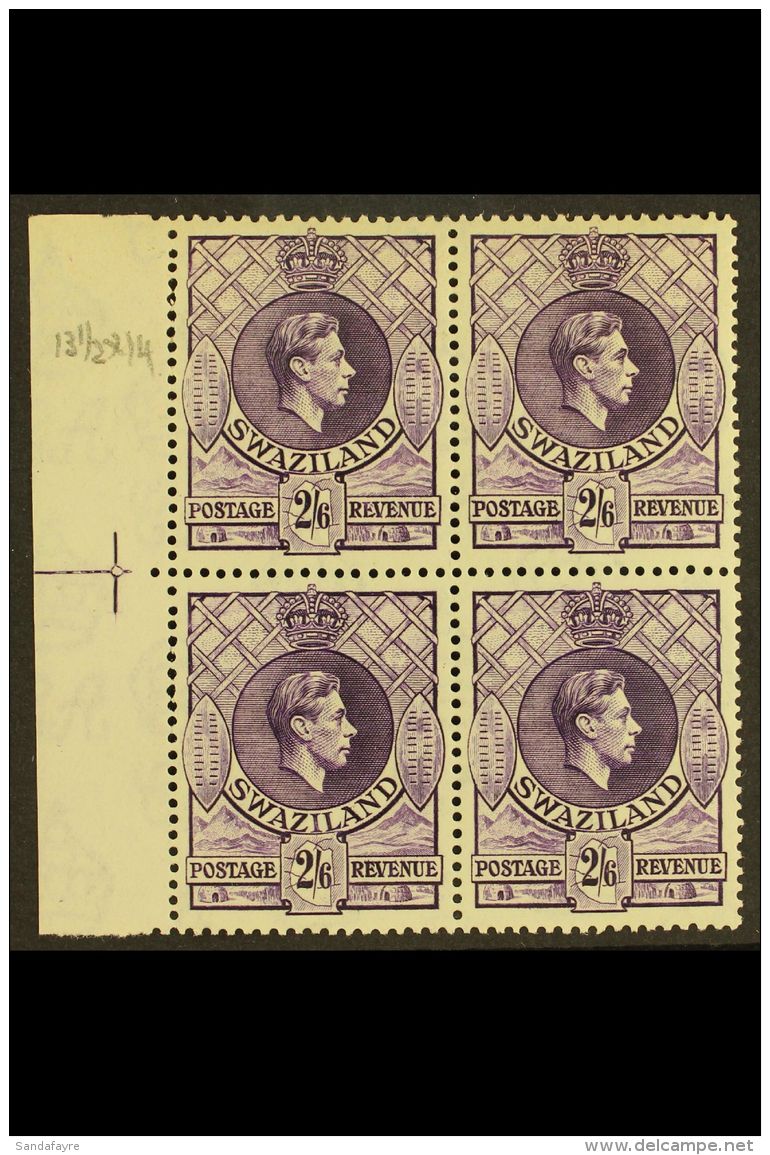 1938-54 2s6d Violet, Perf.13&frac12;x14, BLOCK OF 4 With Guide Line In Margin At Left, SG 36a, Never Hinged Mint.... - Swaziland (...-1967)
