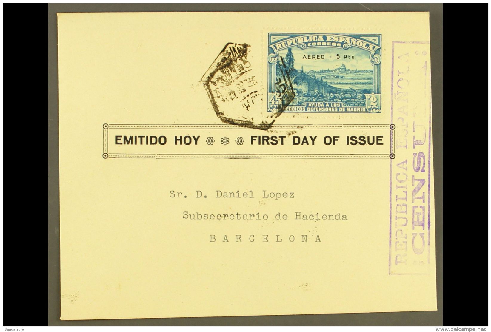 1938 45c + 2p + 5p Blue Defence Of Madrid Relief Fund , SG 759, Superb Used On Sep 1938 (non FDC) Cover. For More... - Andere & Zonder Classificatie