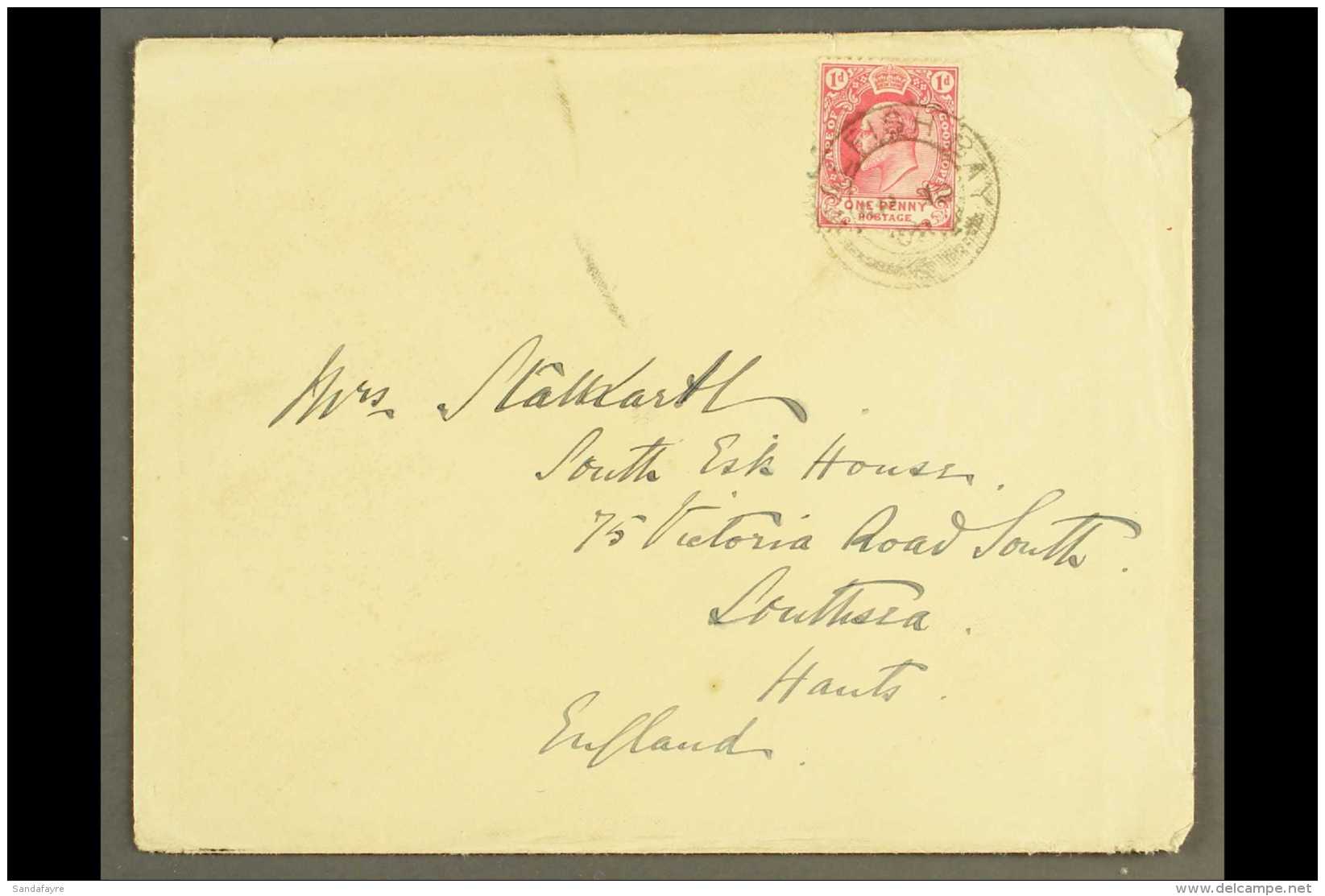 WALVIS BAY 1908 (10 Apr) Crested Envelope With Full Letter Contents To England Bearing Cape Of Good Hope 1d Tied... - Africa Del Sud-Ovest (1923-1990)