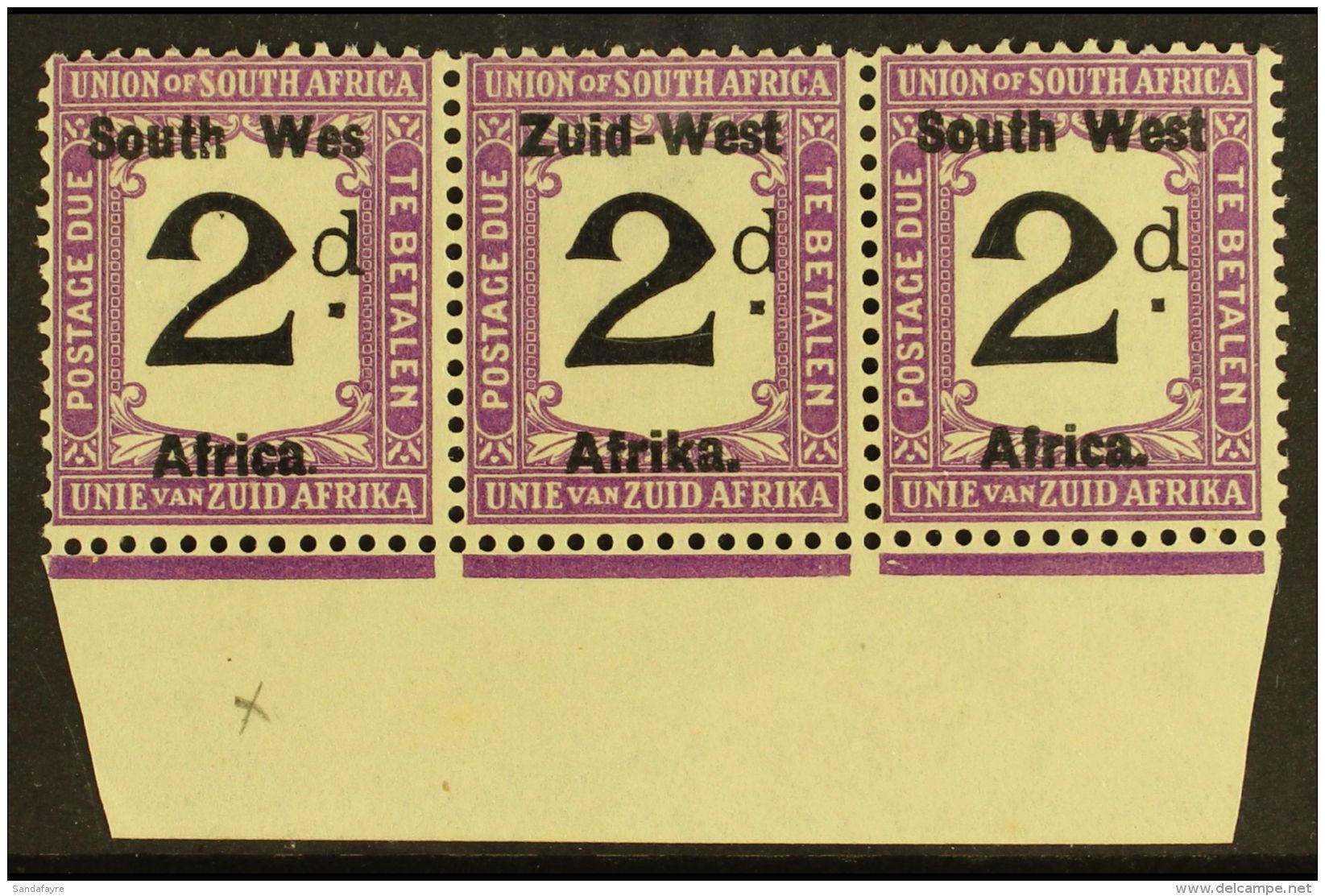 POSTAGE DUES 1923 2d Black And Violet, Marginal Strip Of 3, One Showing Variety "Wes For West", SG D3a, Very Fine... - Afrique Du Sud-Ouest (1923-1990)