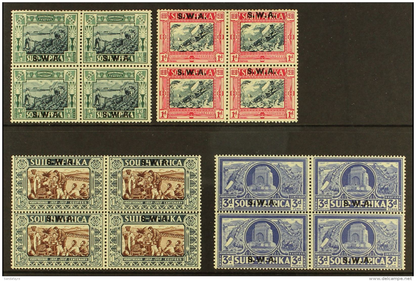 1938  Voortrekker Centenary Memorial Set, SG 105/108 In Fine Mint/NHM Blocks Of 4, The Lower Stamps In Each Block... - Zuidwest-Afrika (1923-1990)