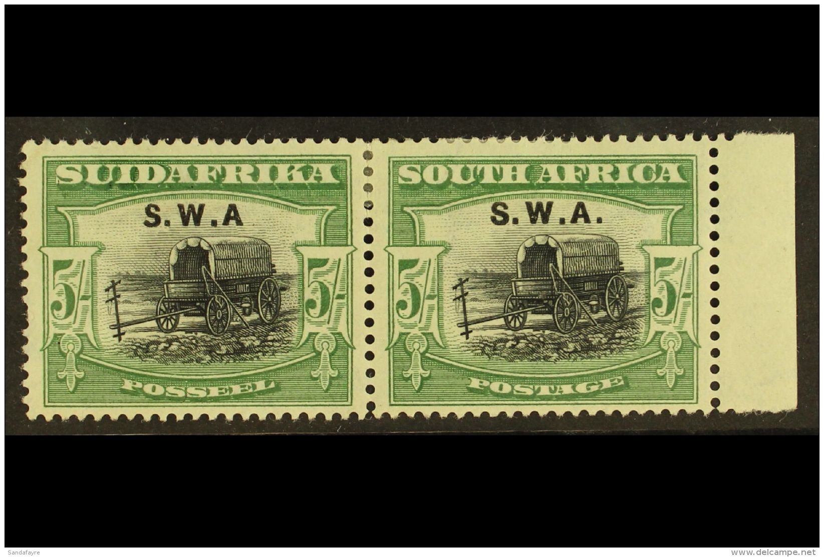 1927 5s Black And Green, Bi-lingual Pair, Ovptd S.W.A., Variety Left Stamp "without Stop After A", SG 66a, Fresh... - South West Africa (1923-1990)