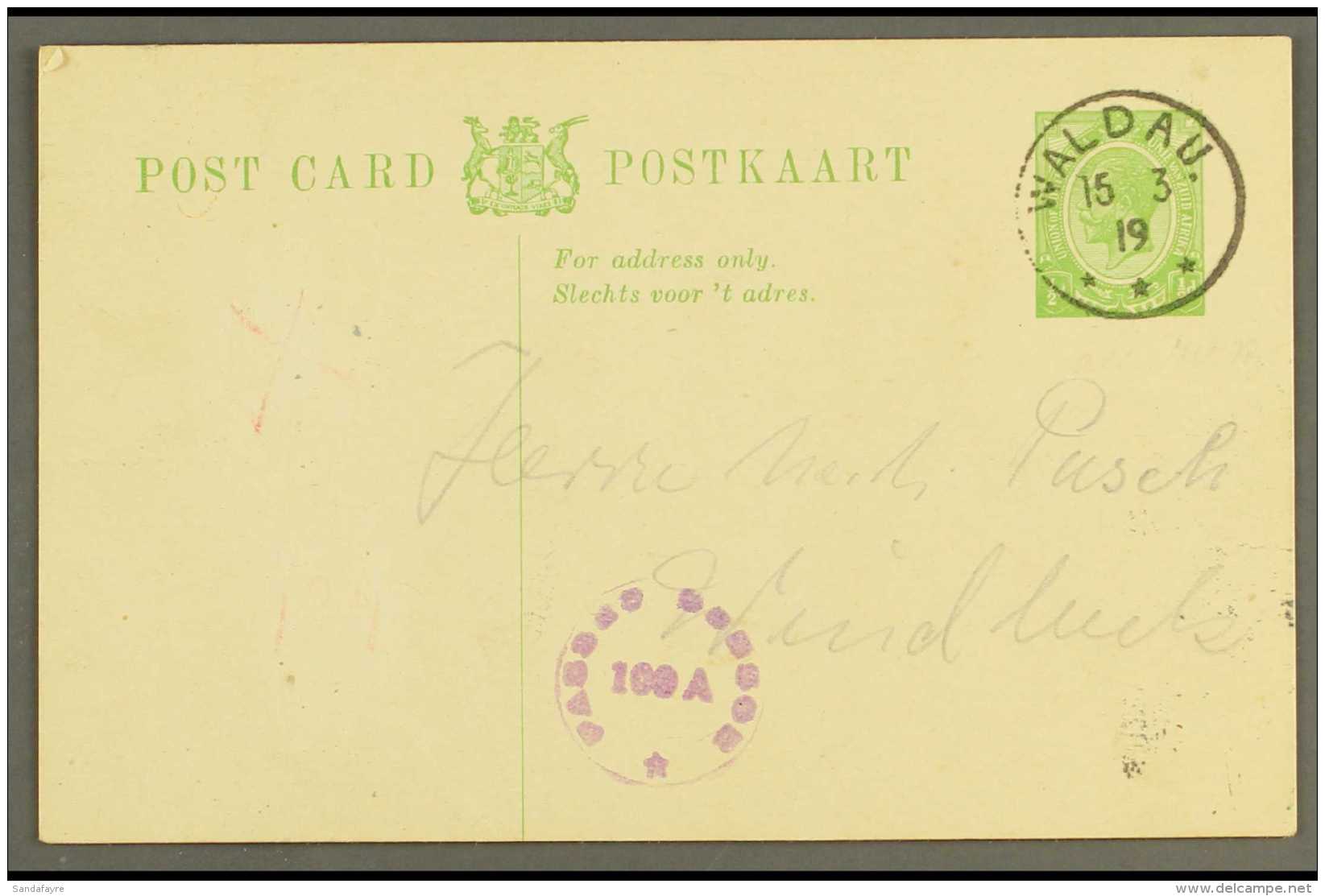 1919 (15 Mar) &frac12;d Union Postal Card To Windhuk Showing Very Fine "WALDAU" Converted German Canceller, Putzel... - South West Africa (1923-1990)