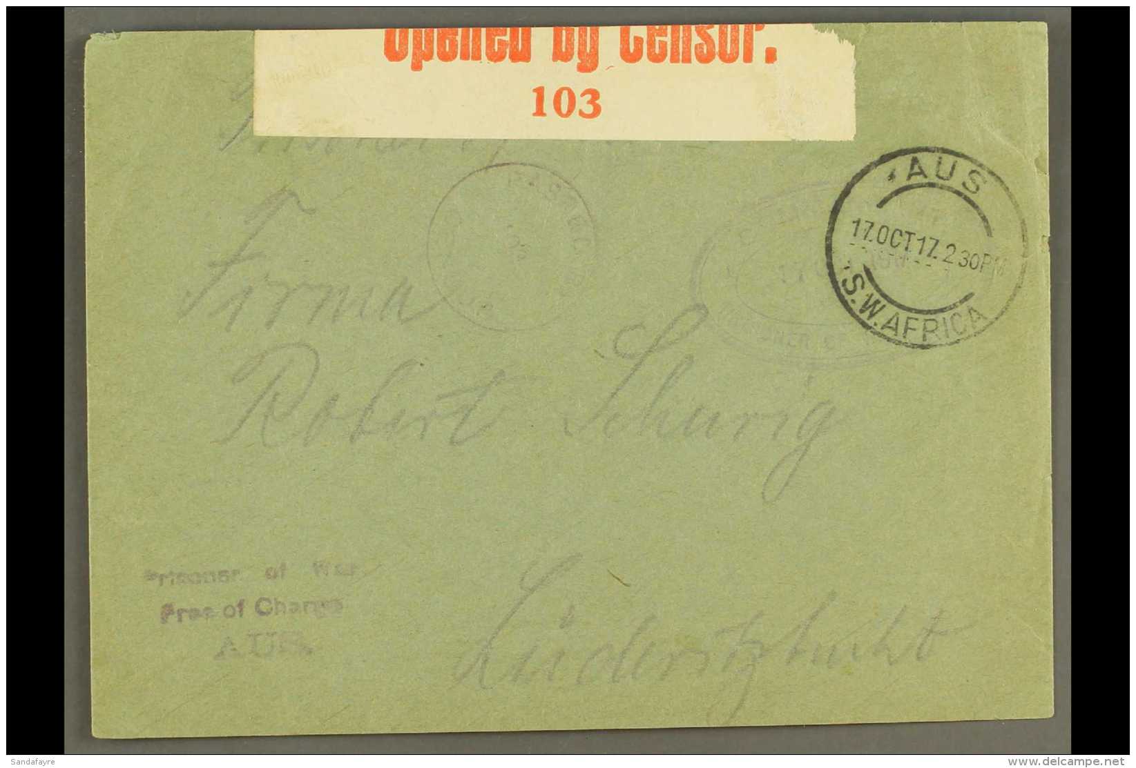 1917 (17 Oct) Stampless Env With Bilingual Censor Tape To Luderitzbucht With "AUS" Cds Cancel (Putzel Type B3 Oc)... - Zuidwest-Afrika (1923-1990)