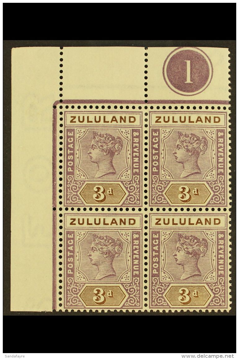 ZULULAND 1894-6 3d Dull Mauve &amp; Olive-brown, Corner CONTROL BLOCK OF FOUR, SG 23, Hinged On Margin, Stamps... - Non Classés