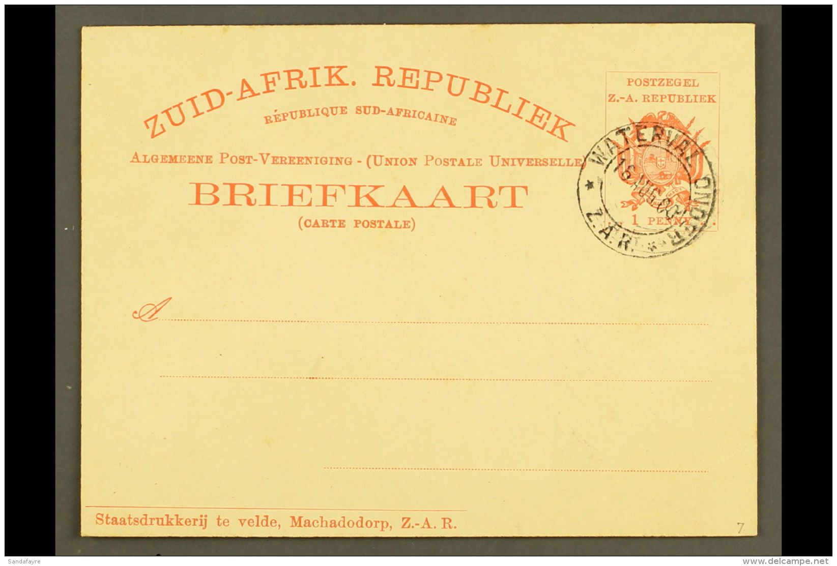 TRANSVAAL (ZAR) POSTAL STATIONERY 1900 1d Postal Card, H&amp;G 7, Very Fine With WATERVAAL ONDER / Z.A.R Cto... - Unclassified
