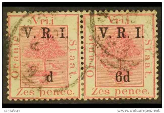 ORANGE FREE STATE 1900 6d On 6d Carmine, Level Stops, "6" OMITTED, IN PAIR WITH NORMAL, SG 108/8b, Good Used. For... - Unclassified
