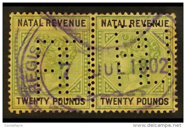 NATAL REVENUE 1885 &pound;20 Green &amp; Black, Horizontal Pair, Barefoot 98, Used With Perfin. For More Images,... - Unclassified