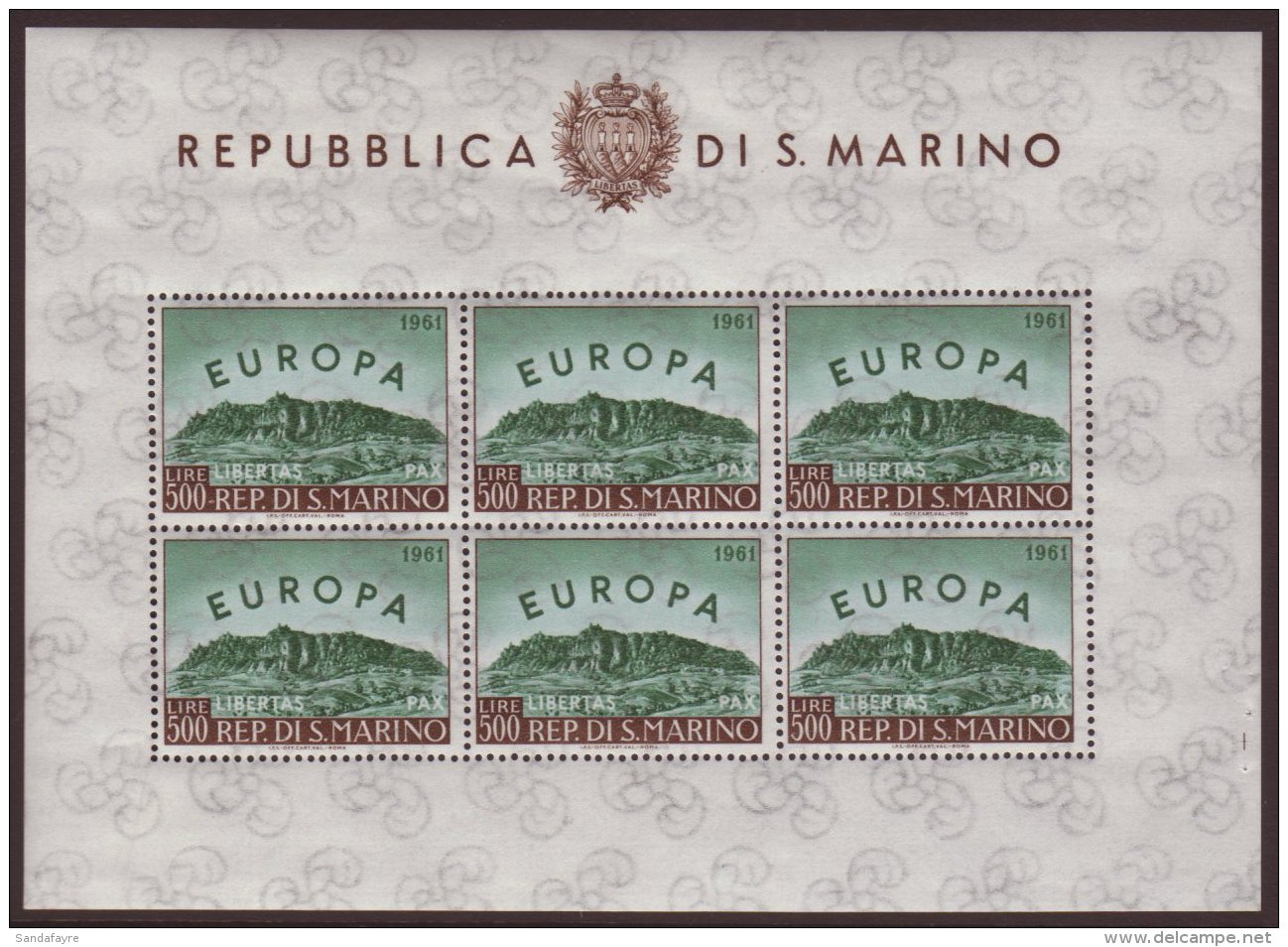 1961 500L Europa (SG 640) COMPLETE SHEETLET OF SIX STAMPS (Sass Foglietti 23) Very Fine Never Hinged Mint. For... - Autres & Non Classés