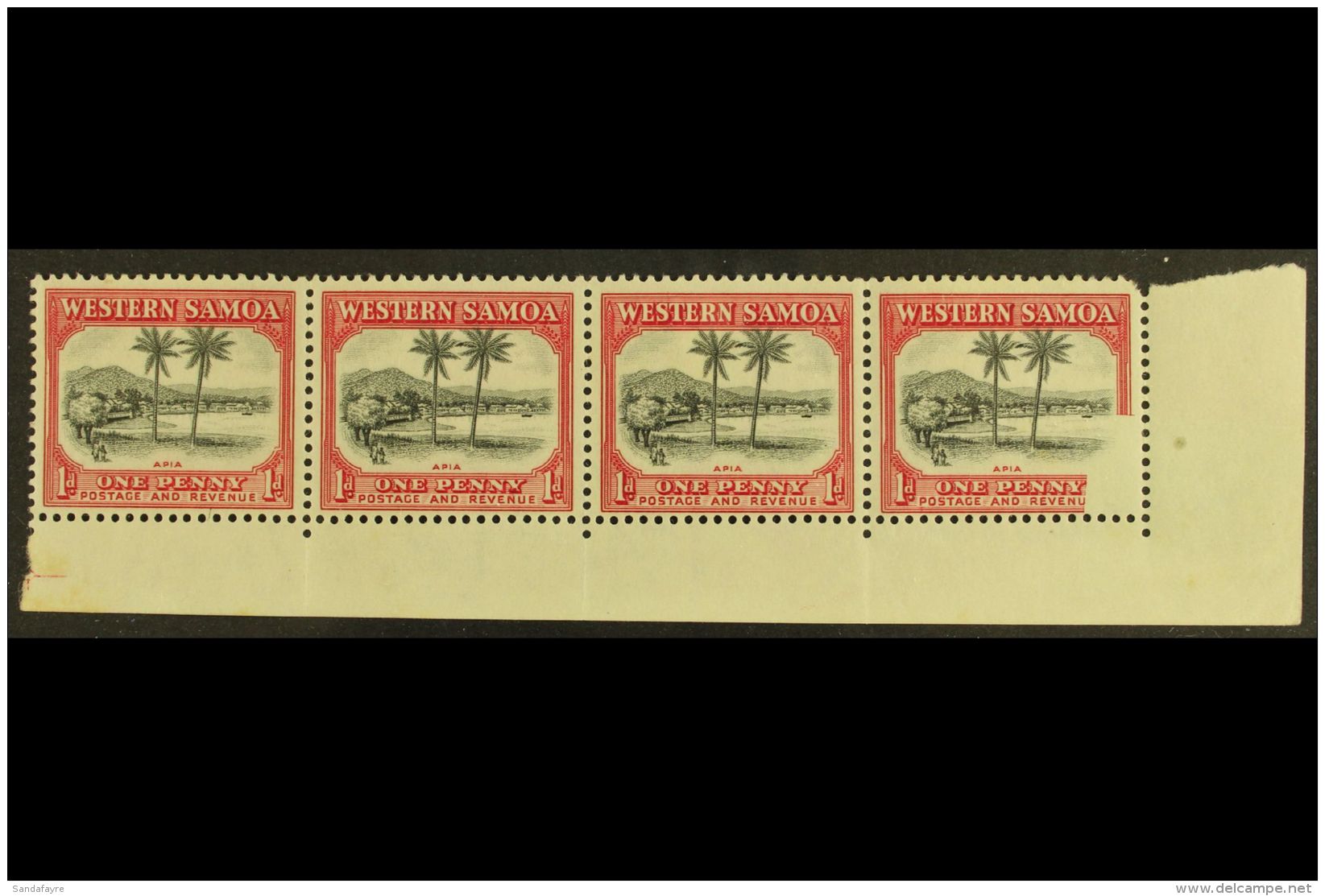 1935 Definitive 1d Black And Carmine, SG 181, Fine Mint Corner Marginal Strip Of Four, The Corner Stamp (never... - Samoa