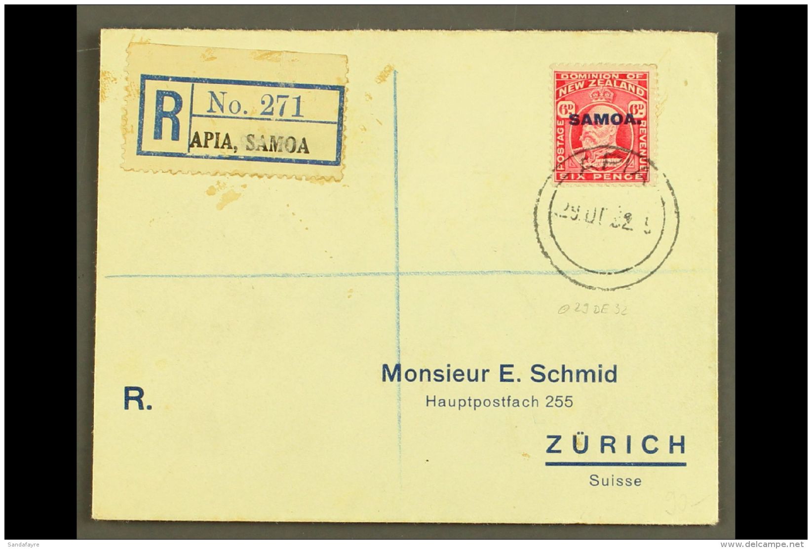 1932 6d Carmine, SG 119, Single Franking On Neat Printed, Registered Envelope To Switzerland, Tied By Apia... - Samoa