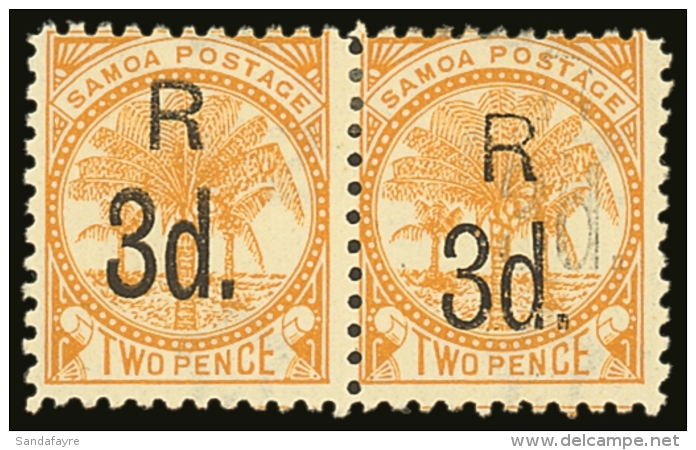 1895 3d On 2d Yellow, Perf 11 PAIR WITH DOUBLE SURCHARGE ERROR On One Stamp, SG 76a Variety / Odenweller... - Samoa
