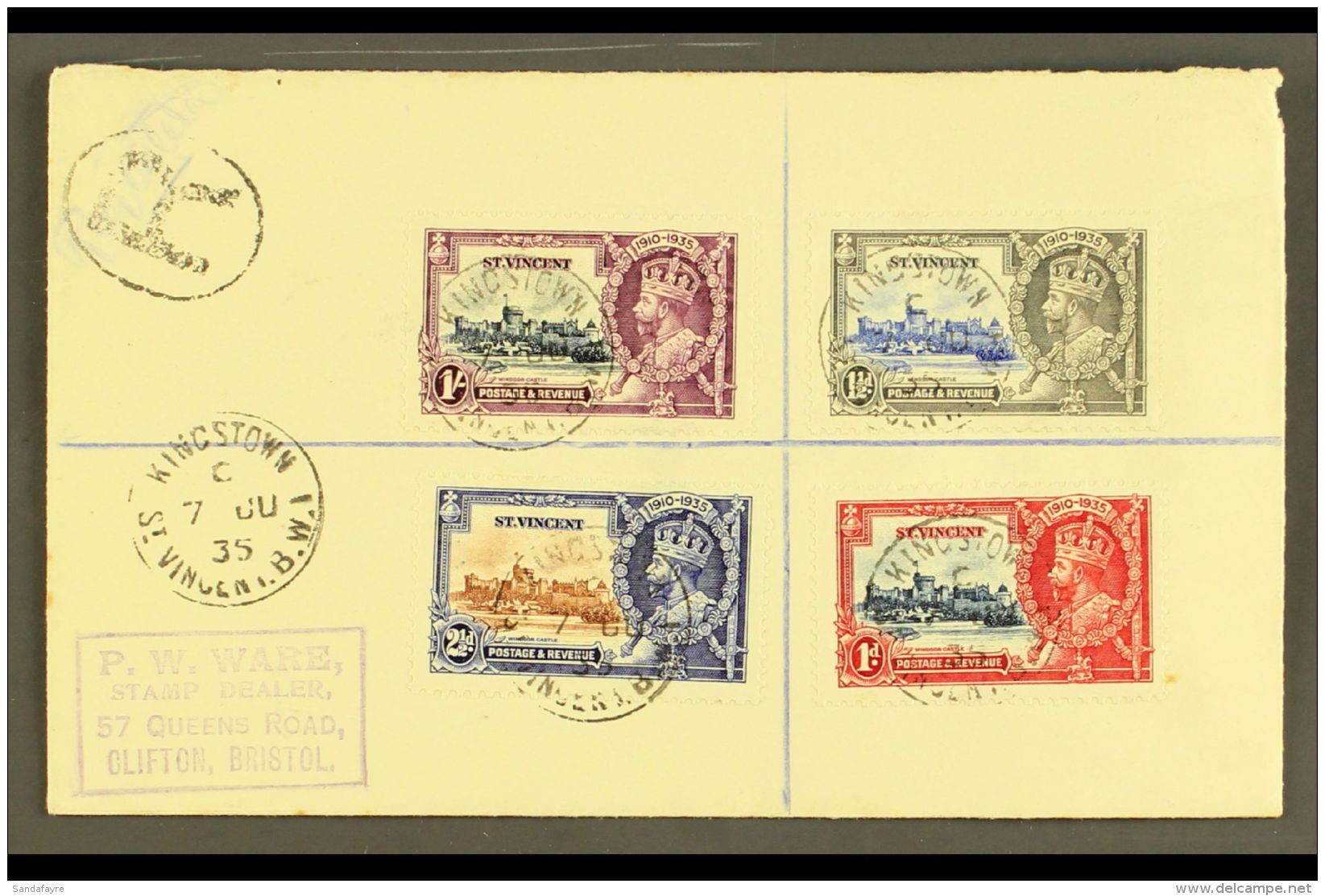 1935 Silver Jubilee Complete Set, SG 142/145, Fine Used On Reg Cover To England, Tied Kingstown / St Vincent/... - St.Vincent (...-1979)