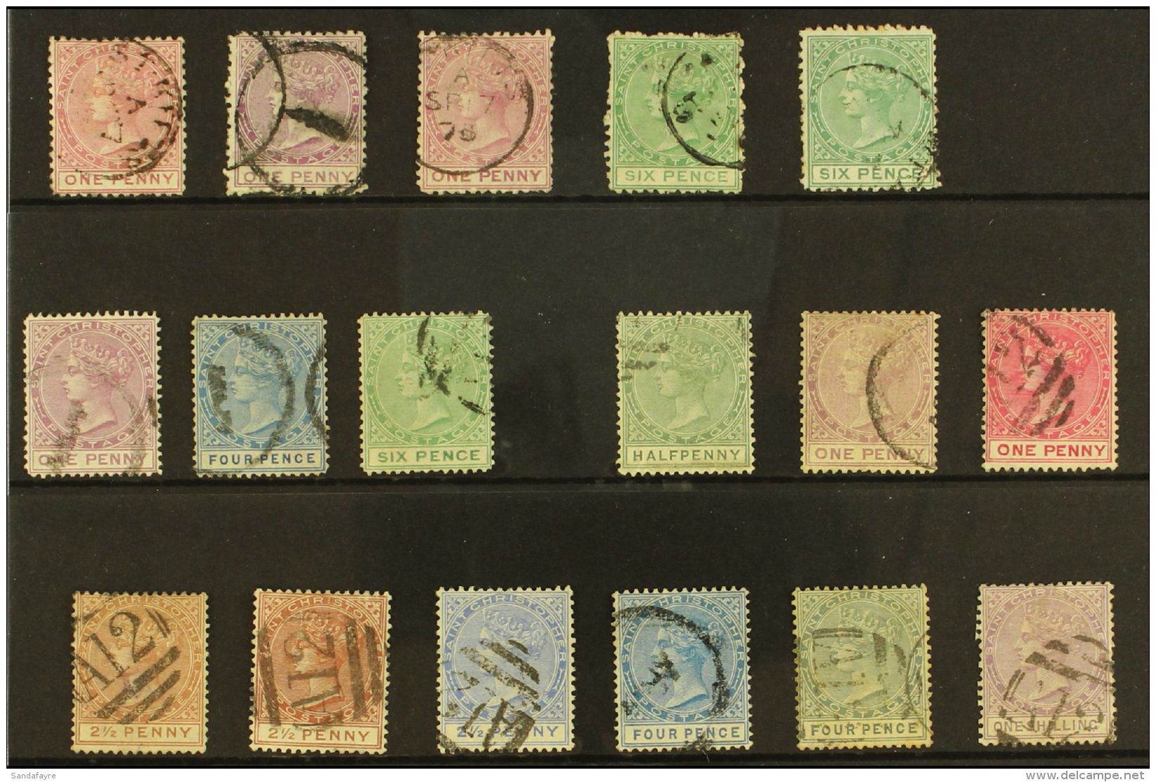 1870-90 USED SELECTION Presented On A Stock Card. Includes 1870-82 Wmk CC (perf 12&frac12;) 1d Dull Rose, 1d... - St.Christopher-Nevis-Anguilla (...-1980)