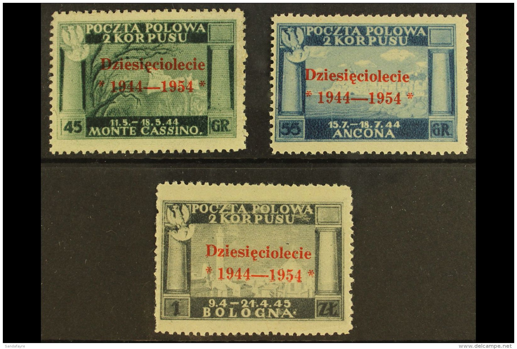 POLISH ARMY IN ITALY LONDON GOVERNMENT 1954 "Dziesieciolecie" Overprints On Vermilion Complete Set, Sassone 7/9,... - Andere & Zonder Classificatie