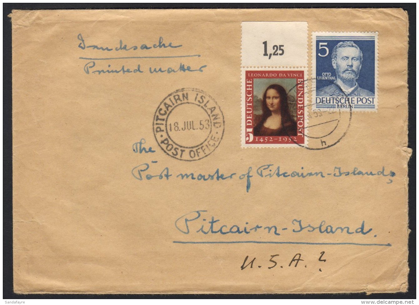 1953 UNUSUAL MISDIRECTED COVER. 1953 (22 Apr) Env Addressed To The Postmaster "Pitcairn Island" From Krefeld, West... - Pitcairn