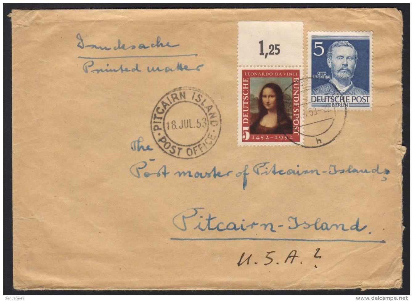 1953 UNUSUAL MISDIRECTED COVER. 1953 (22 Apr) Env Addressed To The Postmaster "Pitcairn Island" From Krefeld, West... - Pitcairn Islands