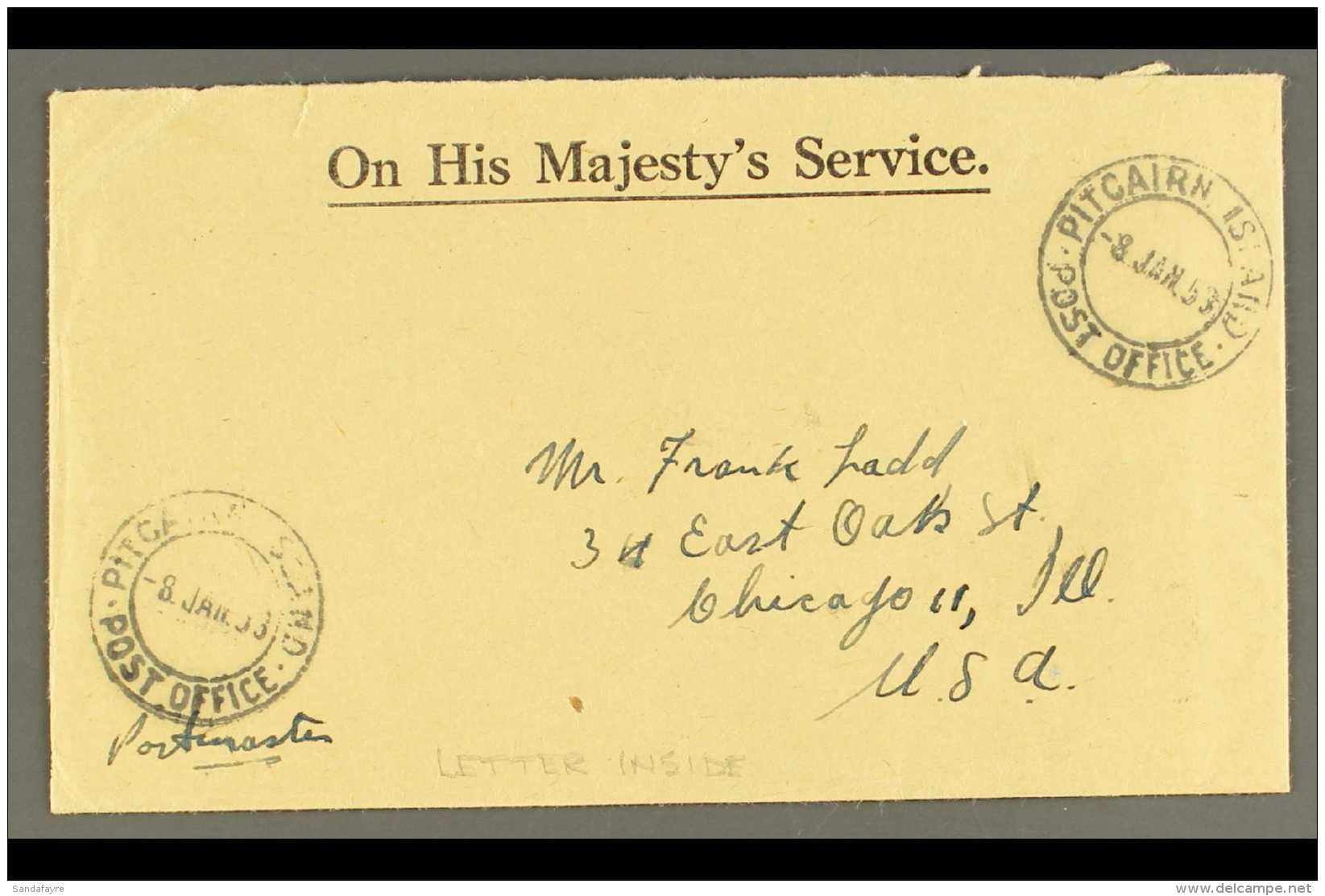 1953 (8 Jan) Stampless Printed 'OHMS' Envelope To Chicago With Two Fine Strikes Of "Pitcairn Island Post Office"... - Pitcairn Islands