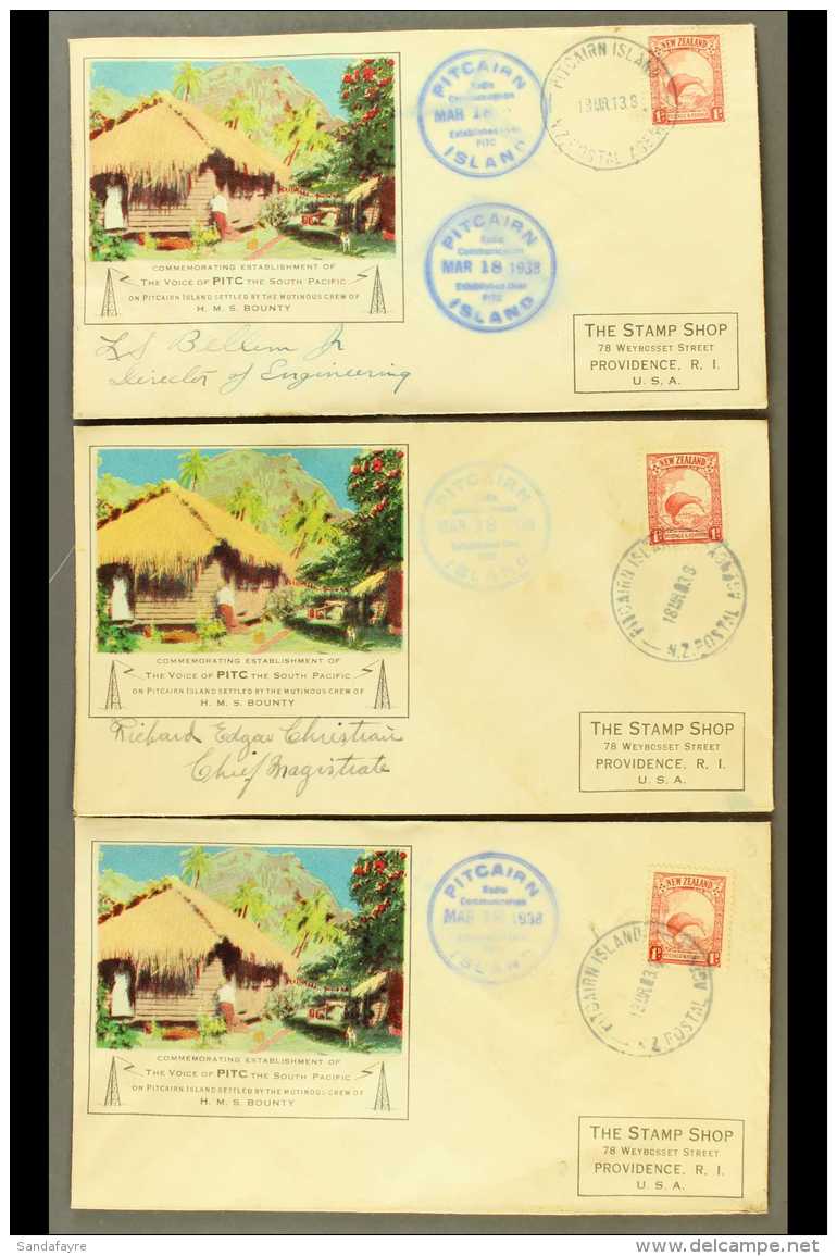 1938 Three Special Cacheted "Pitcairn Island / Radio Communication" Covers, Each Bearing New Zealand 1d Stamp Tied... - Pitcairn Islands