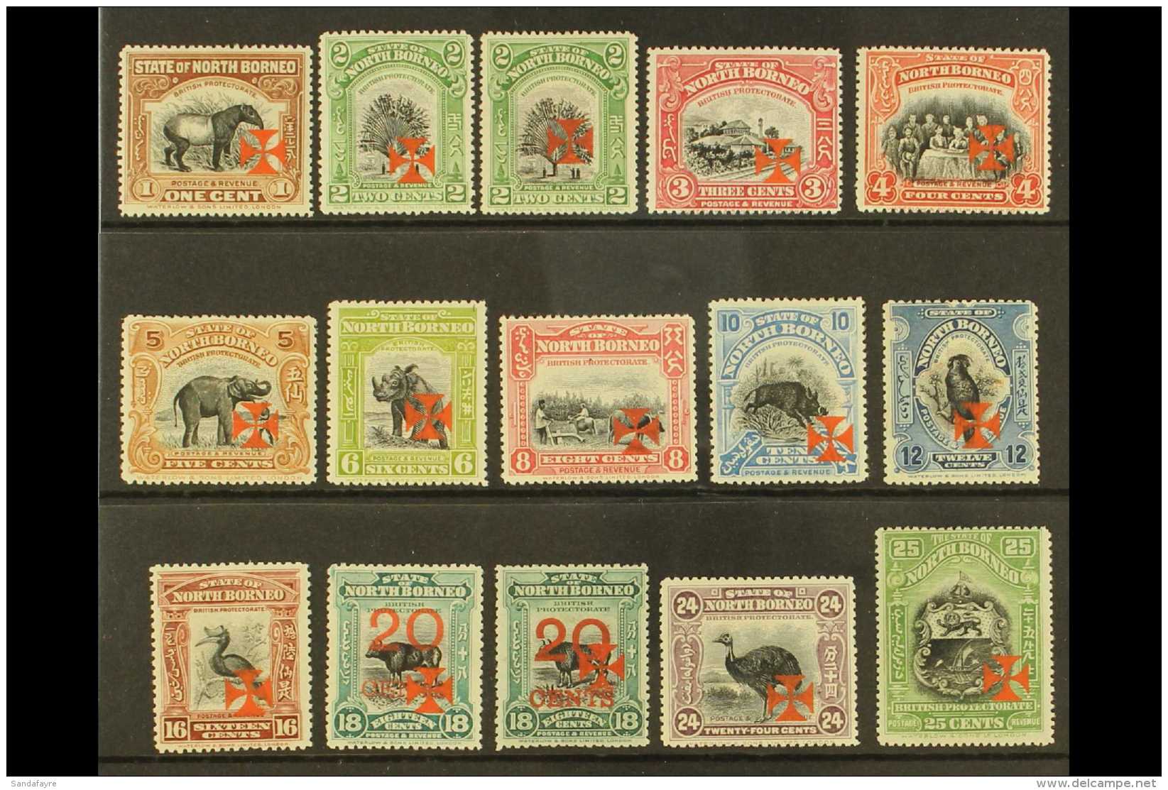 1916 Red Cross Overprint In Vermilion (thick Shiny Ink), Complete Set, Also 2c Perf.14&frac12;-15 And 20c With... - Noord Borneo (...-1963)