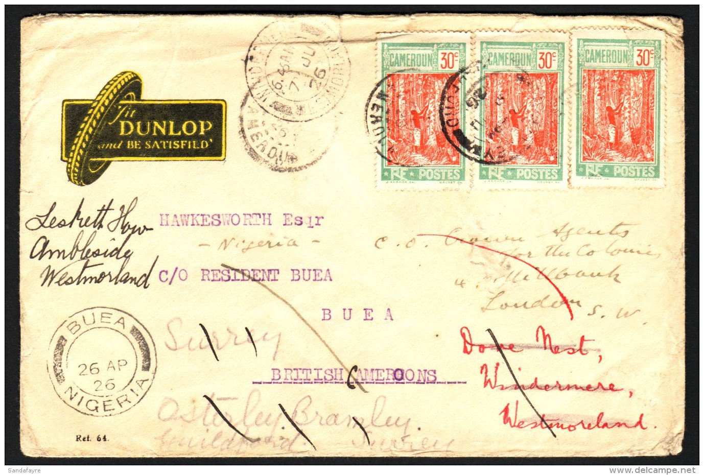 BRITISH CAMEROONS 1928 "Dunlop" Advertising Cover Sent From French Cameroon To Buea And Thence Forwarded Around... - Nigeria (...-1960)