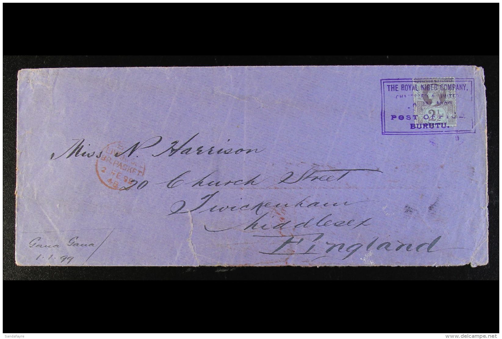 NIGER COMPANY TERRITORIES BURUTU 1899 (Jan) Legal Size Envelope To England, Bearing 2&frac12;d Purple And Blue... - Autres & Non Classés