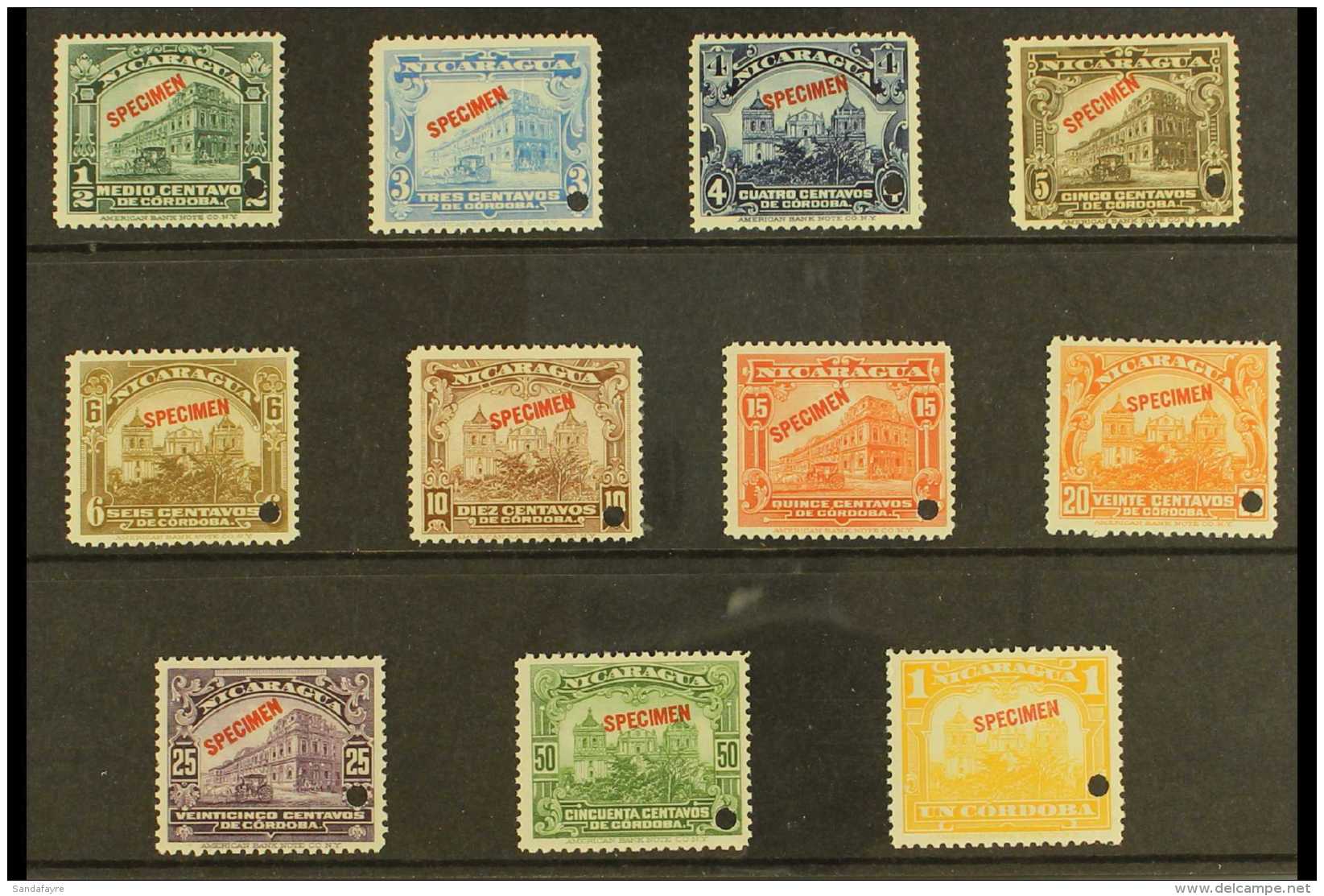 1929-31 Complete Set (Sc 513/23, SG 617/27) Overprinted "SPECIMEN" And With Security Punch Hole, Never Hinged... - Nicaragua