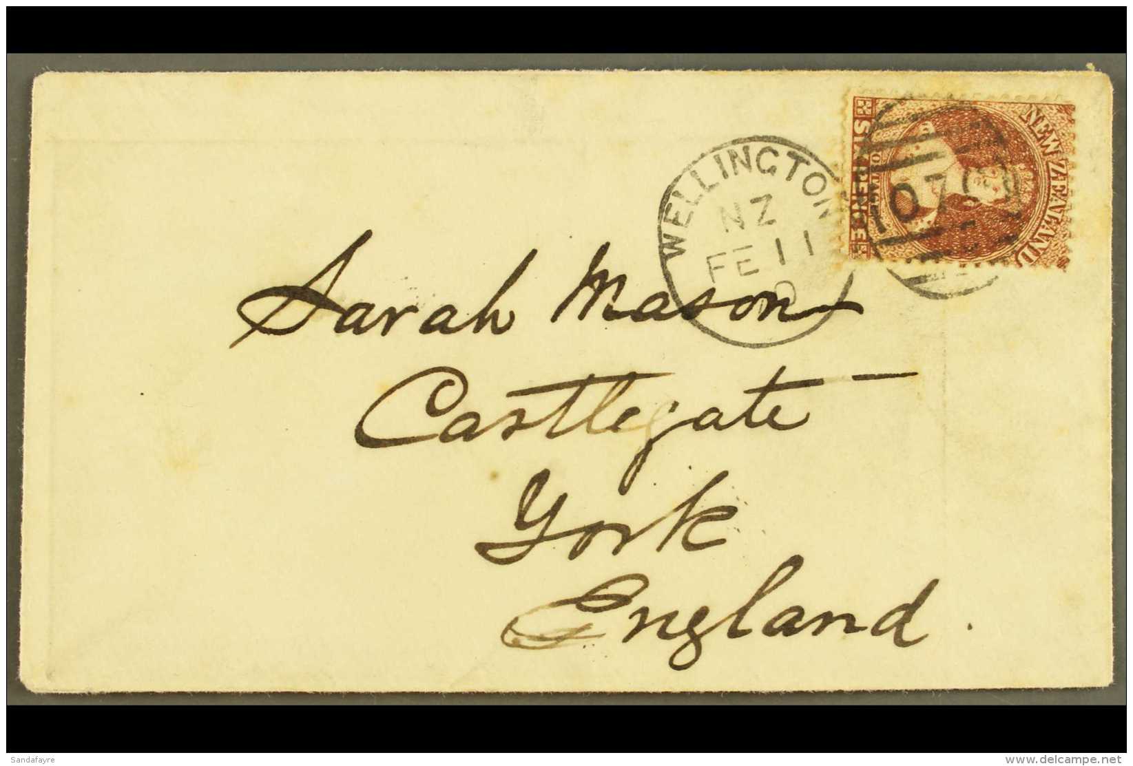 1870 (11 Feb) Env From Wellington To York, England Bearing 1864-71 6d Red-brown, SG 122, Tied By Very Fine... - Andere & Zonder Classificatie
