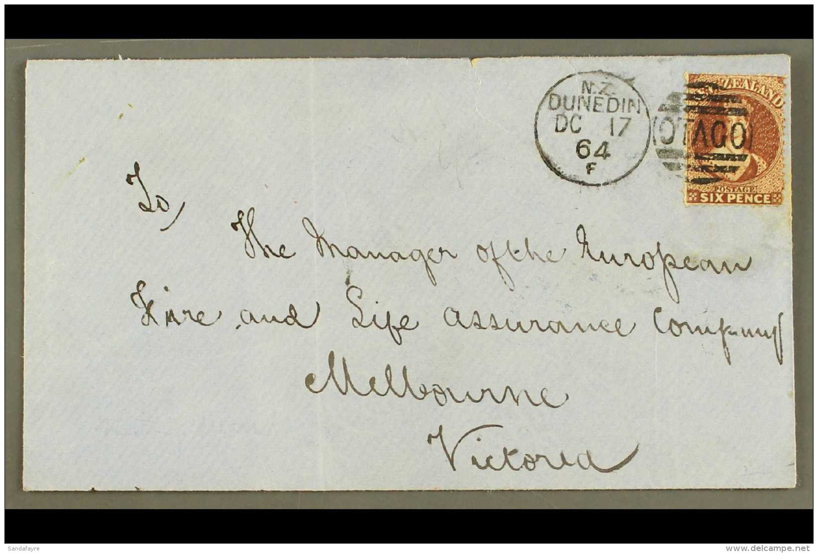 1864 (17 Dec) Env From Dunedin To Australia Bearing 1864-71 6d Red-brown, SG 122, Tied By Very Fine "DUNEDIN /... - Autres & Non Classés