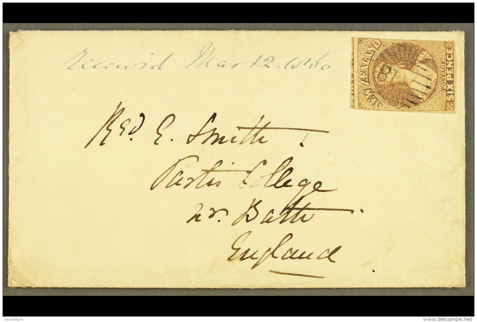 1859 (27 Dec) Env To Bath, England Bearing The 1857-63 6d Brown Imperf (SG 13) Touched At Sides Cancelled Light... - Other & Unclassified